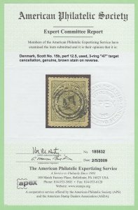 DEN SC #15b U 1870 Royal Emblem p 12.5 w/APS Cert CV $1450.00 (I)