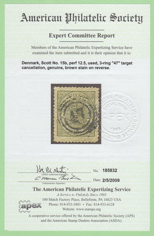 DEN SC #15b U 1870 Royal Emblem p 12.5 w/APS Cert CV $1450.00 (I)