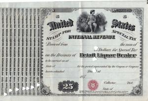1870's $25 U.S. Internal Revenue, Dealer License Retail Liquor Special Tax Stamp