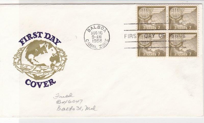 Canal Zone 1958 Balboa Cancel Globe+ Wing FDC Stamps Block Cover Ref 25166