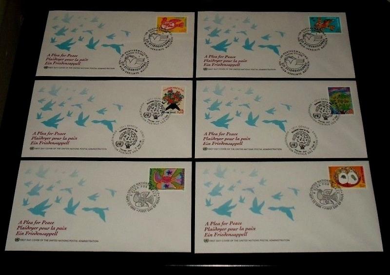 U.N. 1996, A PLEA FOR PEACE, SINGLES ON FDCs, 3 OFFICES,NICE! LQQK!