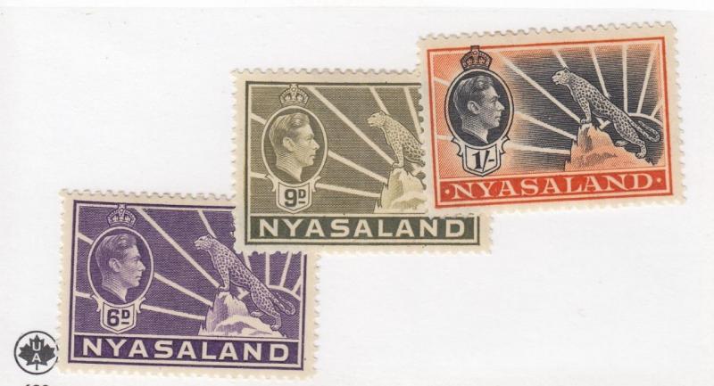 NYASALAND (MK2666)  #60-62  VF-MH  6,9d,1sh  KGVI & LEOPARD VIO/OLIVE/ORG-BLACK