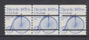 US Sc 1901a MNH. 1982 5.9c Bicycle Bureau Precancel, Plate 6 strip of 3, VF