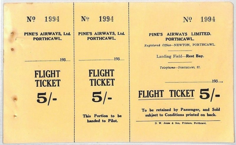 GB WALES *Pines Airways* Flight Ticket 1930s Porthcawl Glam {samwells-covers}BS5