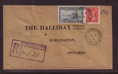 Canada Sc 271, 292 on 1951 Registered cover to Burlington, Onatrio