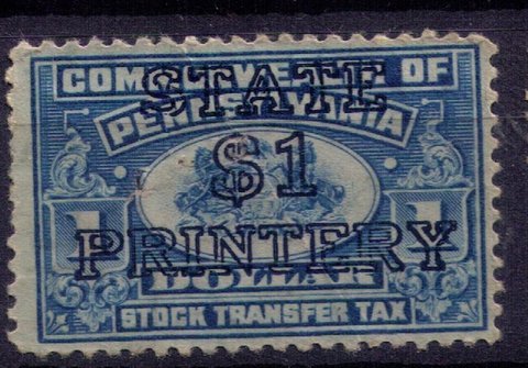 PA ST42 - Overprint Surchage Black $1 Printery Pennsylvania US Stock Transfer MH