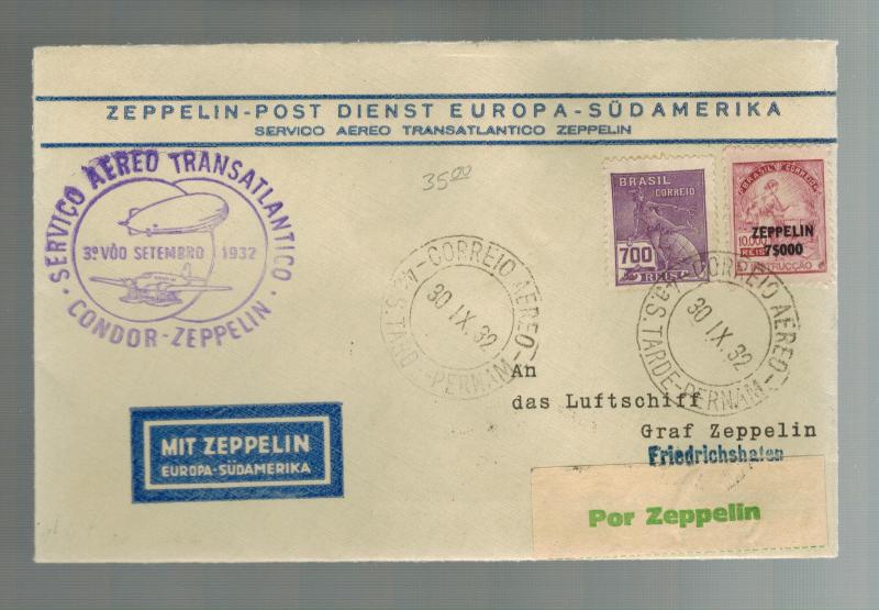 1932 Brazil Graf Zeppelin Condor Cover to Germany # C30 LZ 127