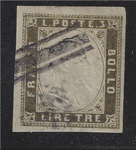1855-63 Sardinia, Italy - Used 3 Lire Stamp - Scott # 15 - Cat = $4,100! (BL11)