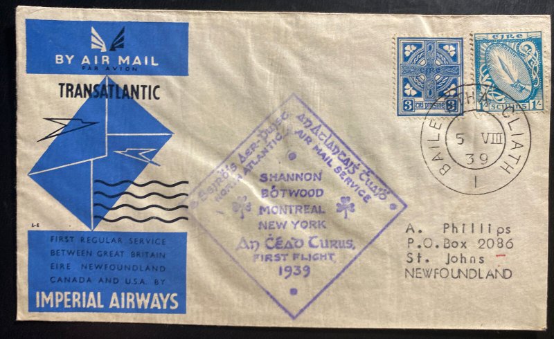 1939 Dublin Ireland First Transatlantic Flight Cover To St John Newfoundland