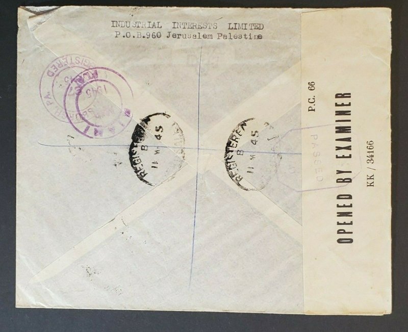 1945 Palestine to Pittsburgh PA Registered Censorship Commercial Air Mail Cover