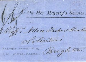 GB GPO Stationery *POSTAL ORDER* Letter OHMS Cover 1861 Brighton {samwells}W204