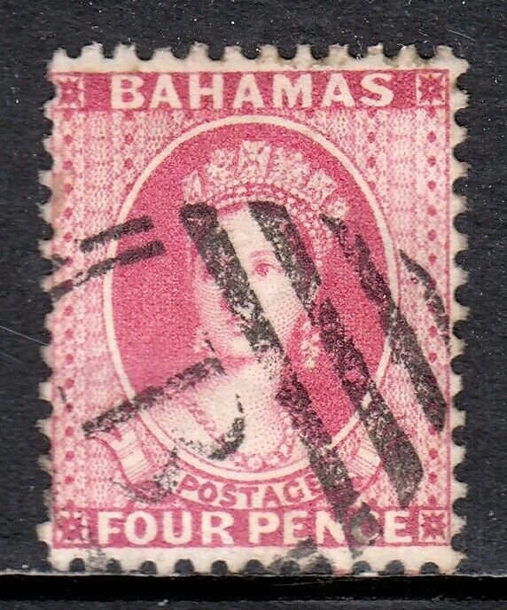BAHAMAS — SCOTT 25 (SG 41) — 1882 QV 4d ROSE — P12 — USED — FRESH COLOR — CV $60