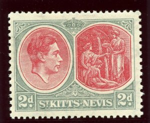 St Kitts-Nevis 1938 KGVI 2d scarlet & grey MLH. SG 71. Sc 82a.