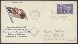 1951 #315 Royal Visit FDC Flag Cachet Ottawa