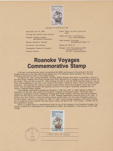 US SP651 Roanoke Voyages Souvenir Page #2093