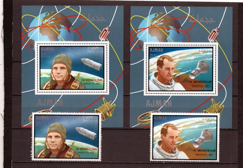 AJMAN 1969 SPACE/IN MEMORIAM E.WHITE & Y.GAGARIN SET OF 2 STAMPS & 2 S/S O/P MNH