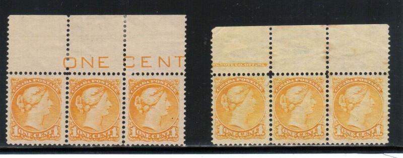 Canada #35 Very Fine Mint Plate Strips Of Three With Wide & Narrow Spacing