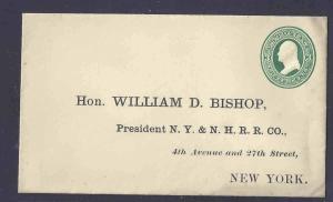 1874 U164 2c Green On Amber Mint Entire W/Printed To Wm Bishlp Pres Of NY &-----