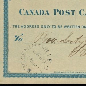 ?  CENTREVILLE O. Co., N.B. double split ring SQ 1880 Postal Stat card Canada