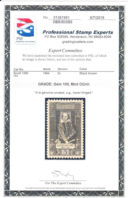 MOstamps - US #1250 Mint OG NH Grade GEM 100 with PSE cert - Lot # MO-5952