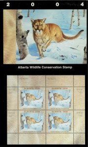 ALBERTA  #9 2004 COUGAR CONSERVATION STAMP MINI SHEET OF  4 IN FOLDER NH