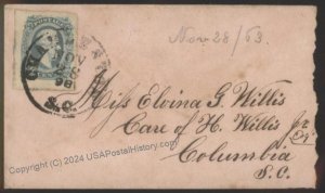 CSA #12 Civil War 1868 Confederate Cover Charleston Columbia South Caroli 112921