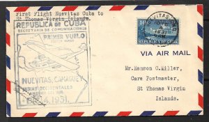 CUBA 1931 First Flight Cover Nuevitas to St Thomas Virgin Isds Cachet Backstamp