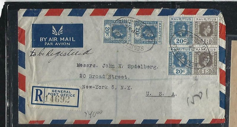 MAURITIUS  (PP0610B)  1946 KGVI 20CX4+1RX2 REG A/M GPO TO USA