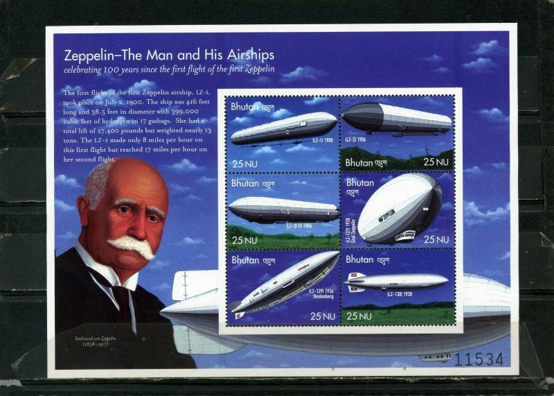 BHUTAN 2000 Sc#1295 AVIATION/ZEPPELINS SHEET OF 6 STAMPS MNH 