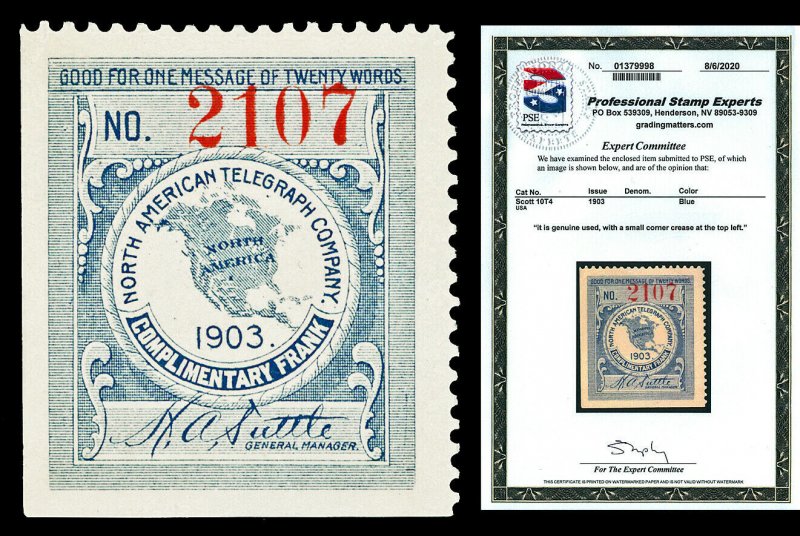 Scott 10T4 1903 North American Telegraph Co Stamp Used VF Cat $500 with PSE CERT