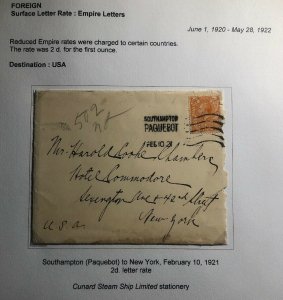 1921 Southampton England Paqueboat Cover To New York Usa Cunard Steam Ship