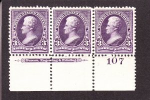 US 268 3c Jackson Mint Plt #107 Strip of 3 VF-XF OG NH SCV $400