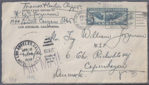 US 1940 TRANSATLANTIC CLIPPER AIR MAIL LOS ANGELES TO COPENHAGEN DENMARK ON THE