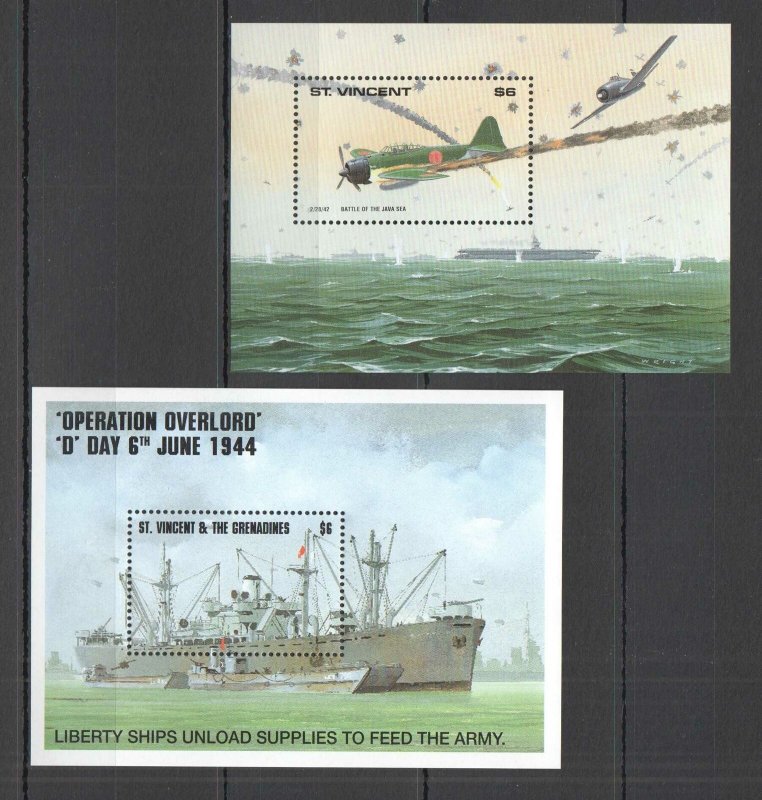 A0246 ST.VINCENT MILITARY SHIPS & AIRCRAFTS D DAY WORLD WAR II WWII 2BL MNH