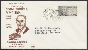 1967 #474 Georges Vanier FDC, Capital Cachet, Newestminster BC CDS