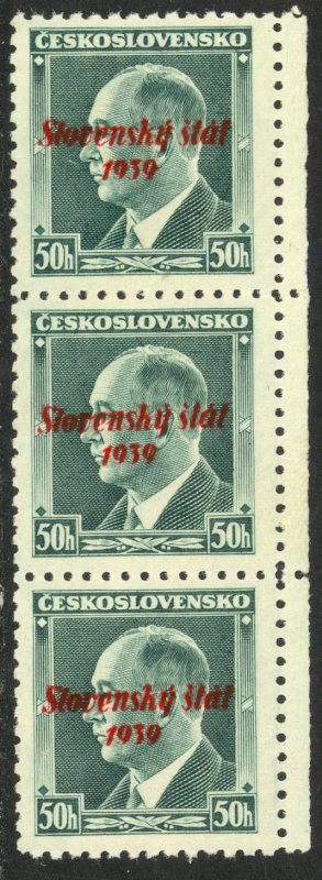 SLOVAKIA 1939 50h BENES Overprint Issue SL Link Varieties Strip of 3 Sc 8 MNH