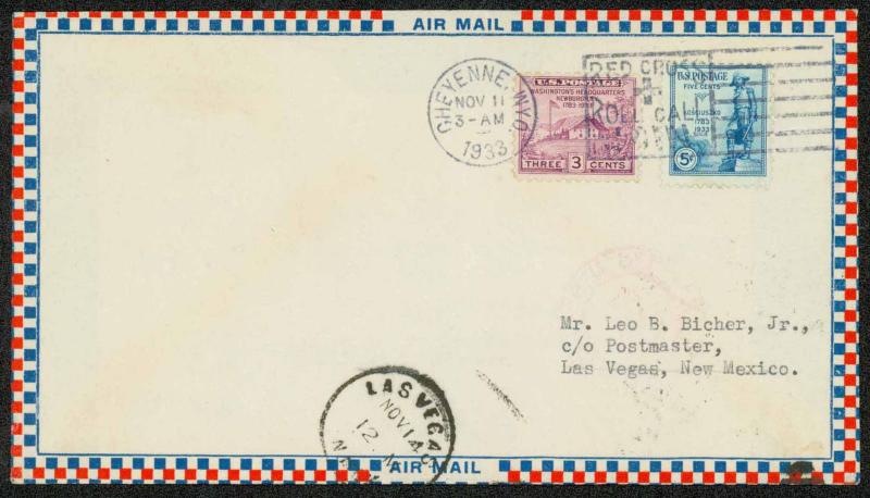 1933 AIR MAIL COVER CHETENNE, WY TO LAS VEGAS, NM - NICE FRANKING  (ESP#1571)