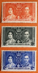 MALAYA 1937 STRAITS SETTLEMENTS KGVI Coronation set of 3V Mint SG#275-277 M3022
