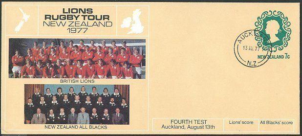 NEW ZEALAND 1977 7c PTPO envelope Lions Rugby Tour : Both teams............44191