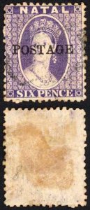 Natal SG83 6d Violet Wmk CC Opt POSTAGE (Davis) Cat 9 pounds