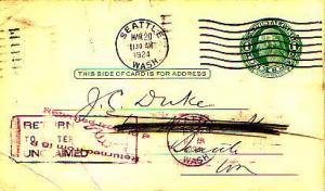 United States, Washington, Government Postal Card, Auxiliary Markings