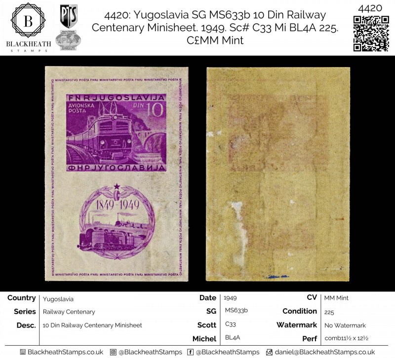 4420: Yugoslavia SG MS633b 10 Din Railway Centenary Minisheet. 1949. Sc# C33 ...