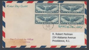 US Sc C24 Special Delivery FDC. 1939 30c Winged Globe, Block of 4