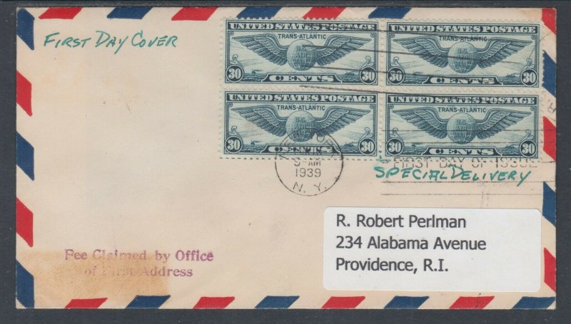 US Sc C24 Special Delivery FDC. 1939 30c Winged Globe, Block of 4