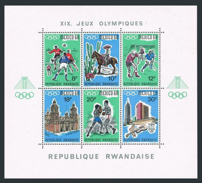 Rwanda 254 sheet,MNH.Michel 265-270 Bl.13A. Olympics Mexico-1968.Sokker,Hockey, 