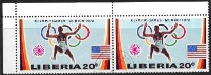 Liberia #594 useed pair on top corner.  Olympics - Munich 1972
