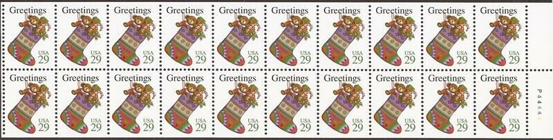 US Stamp - 1994 Christmas Stocking - Never Folded - Pane of 20 Stamps #2872a