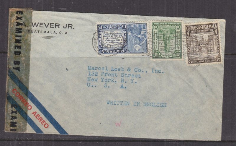 GUATEMALA,1943 censored airmail cover, Guatemala City to USA, 1c., 3c., 15c.