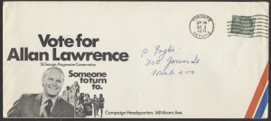 1971 Allan Lawrence Federal MP Election Advertising Cover Toronto #10 Size