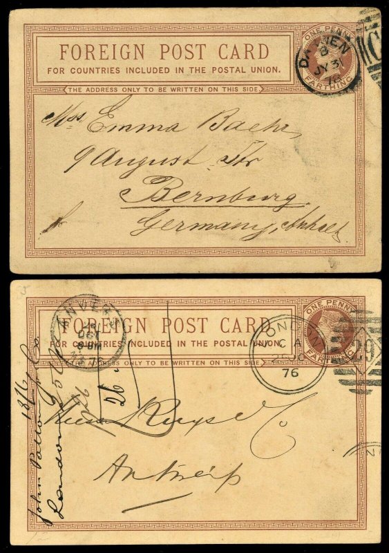 Great Britain 1876 & 1878  Foreign Post Card Use